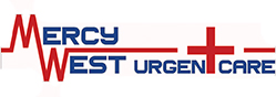 Logo for Mercy West Urgent Care with stylized red and blue text, featuring a red medical cross and a red line resembling a heartbeat running through the words. | California Urgent Care Center